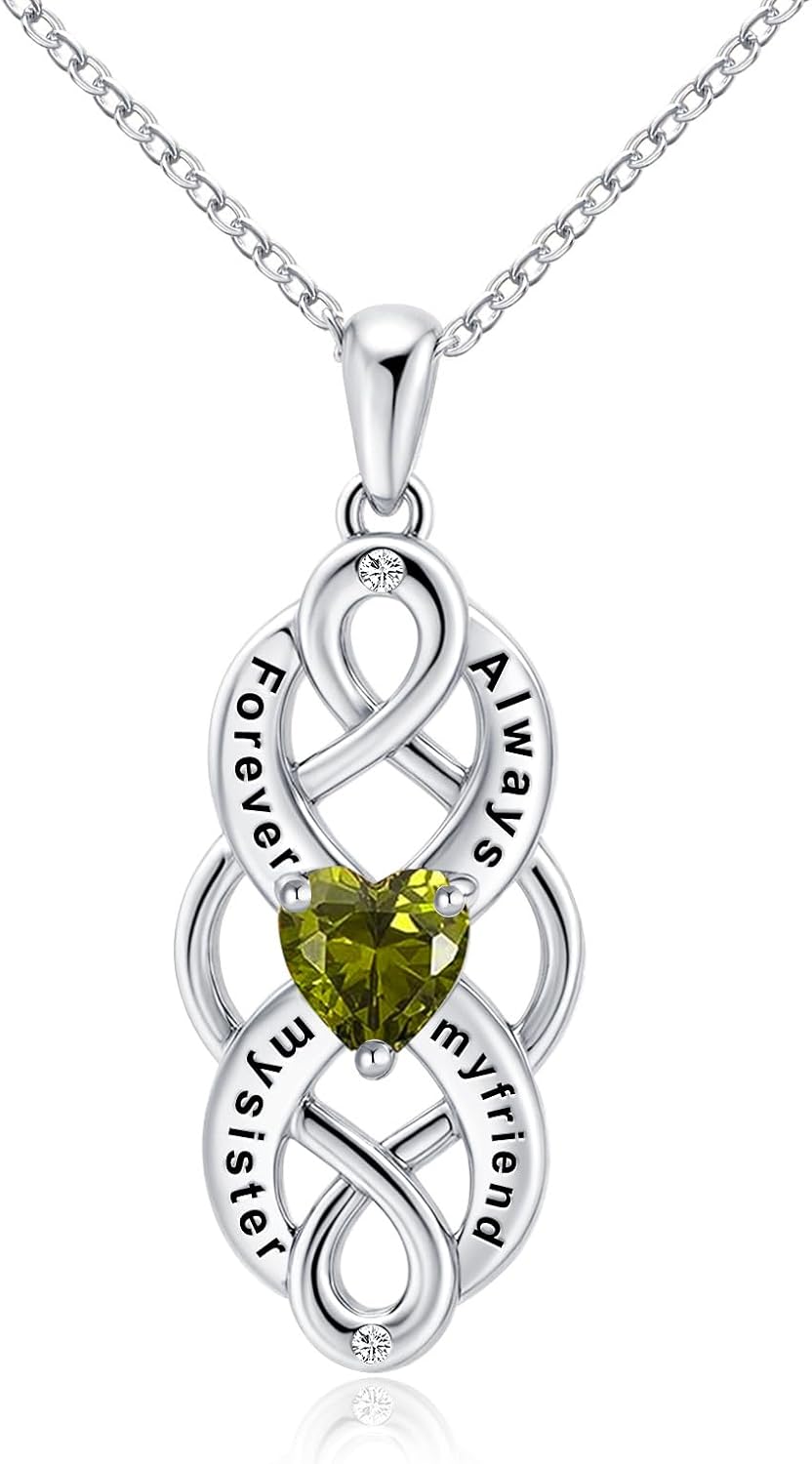 Sister Birthday Gifts from Sisters Brother | 925 Sterling Silver Birthstone Necklace | Chic Sisters Celtic Necklaces Jewelry for Women 14k / Rose G Plated Butterfly/Infinity Pendant for Sister Weddings, Come with Gift Box