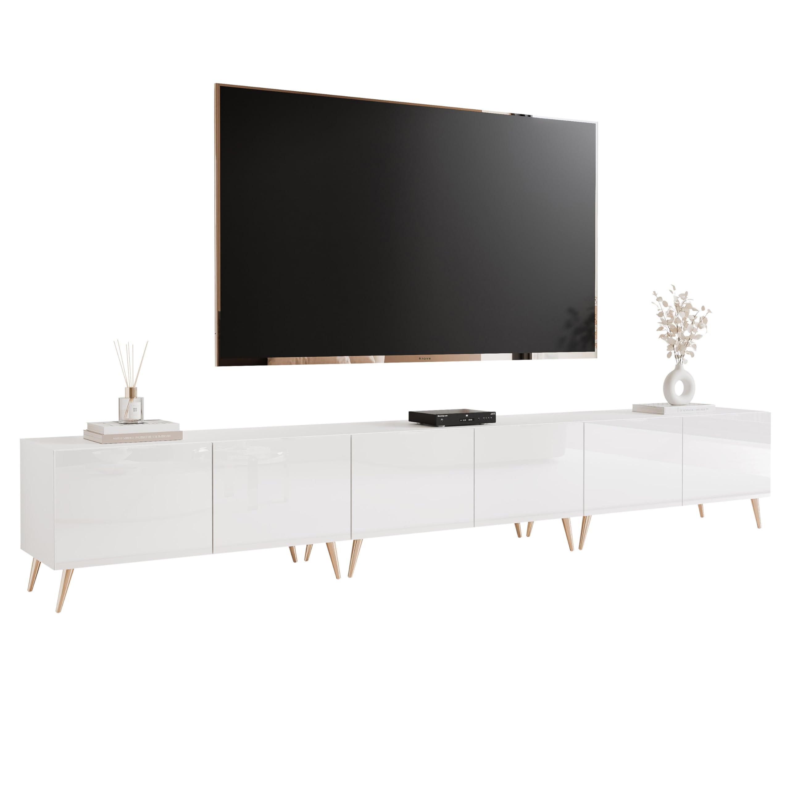 100/200/300 cm TV Lowboard Weiß Hochglanz 300cm mit 6 Praktischen Großen Fächern und LED Beleuchtung - TV Lowboard Stehend Passend Für Stilvolle Wohnräume