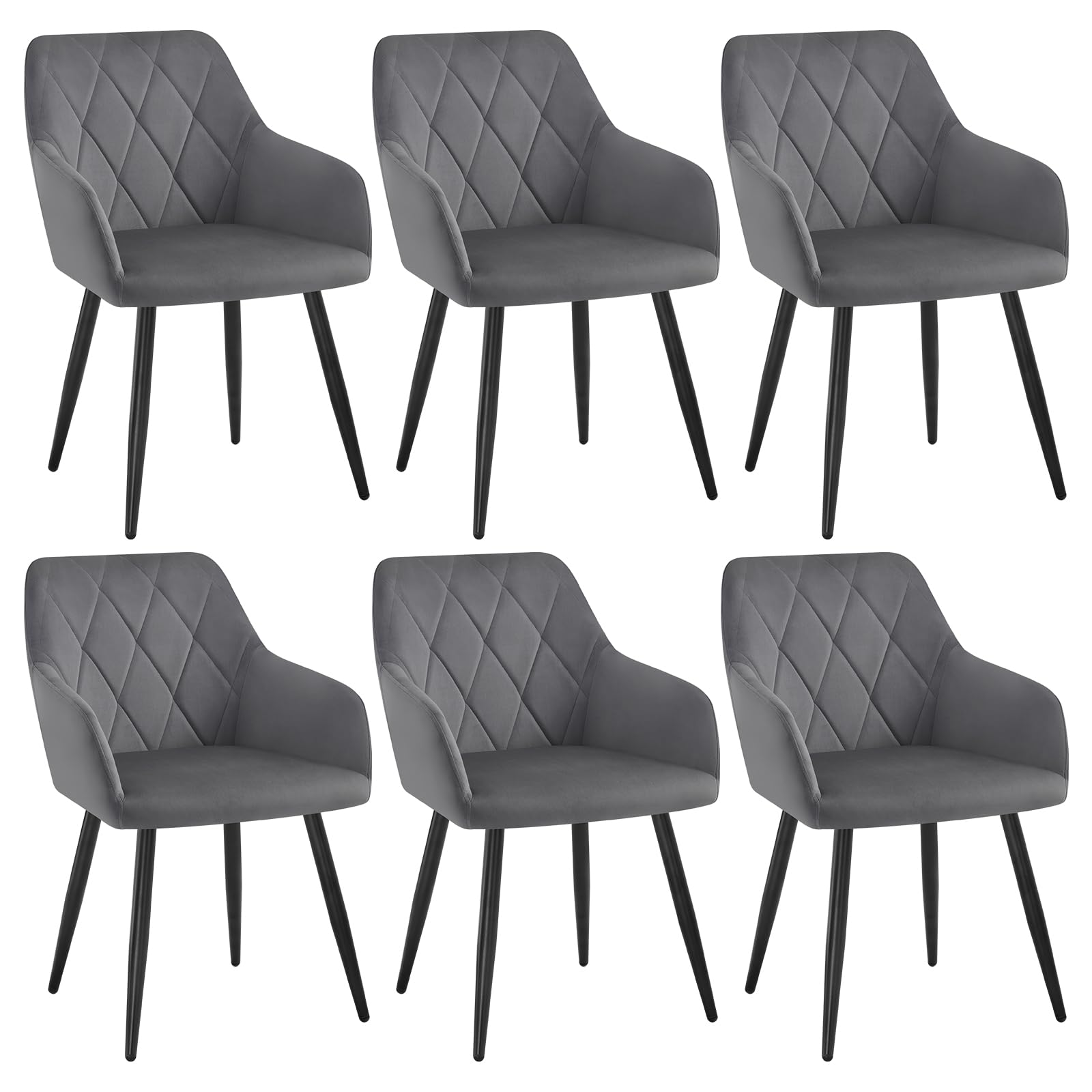 WOLTU 6er Set Esszimmerstühle mit Armlehne Rückenlehne, für Esszimmer Wohnzimmer Küche, Bequeme Küchenstühle gepolstert mit Samtbezug, Metallbeinen, Dunkelgrau