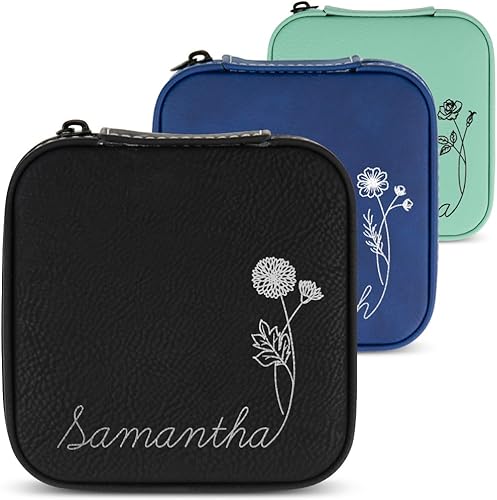 PrimeCustomized Caja organizadora de joyas personalizada con nombre personalizado del mes de las flores, estuche de viaje de joyería personalizado,
