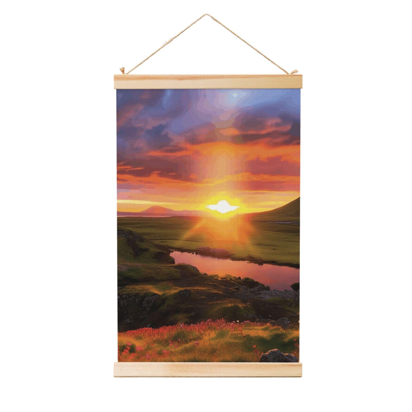 Iceland Sunset Poster Wooden Shaft Hanging Poster Wall Hanging Banner Canvas Artwork with Wood Frames 16"x24" Modern Artwork Decor Ready to Hang Wall Art for Home Decor Scroll Painting