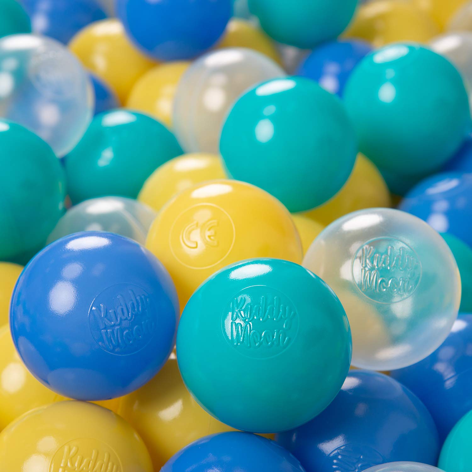 KiddyMoon Soft Plastic Play Balls For Children 300 Balls/6Cm-2.36In Colourful Made In EU, Turquoise/Blue/Yellow/Transparent — image 1