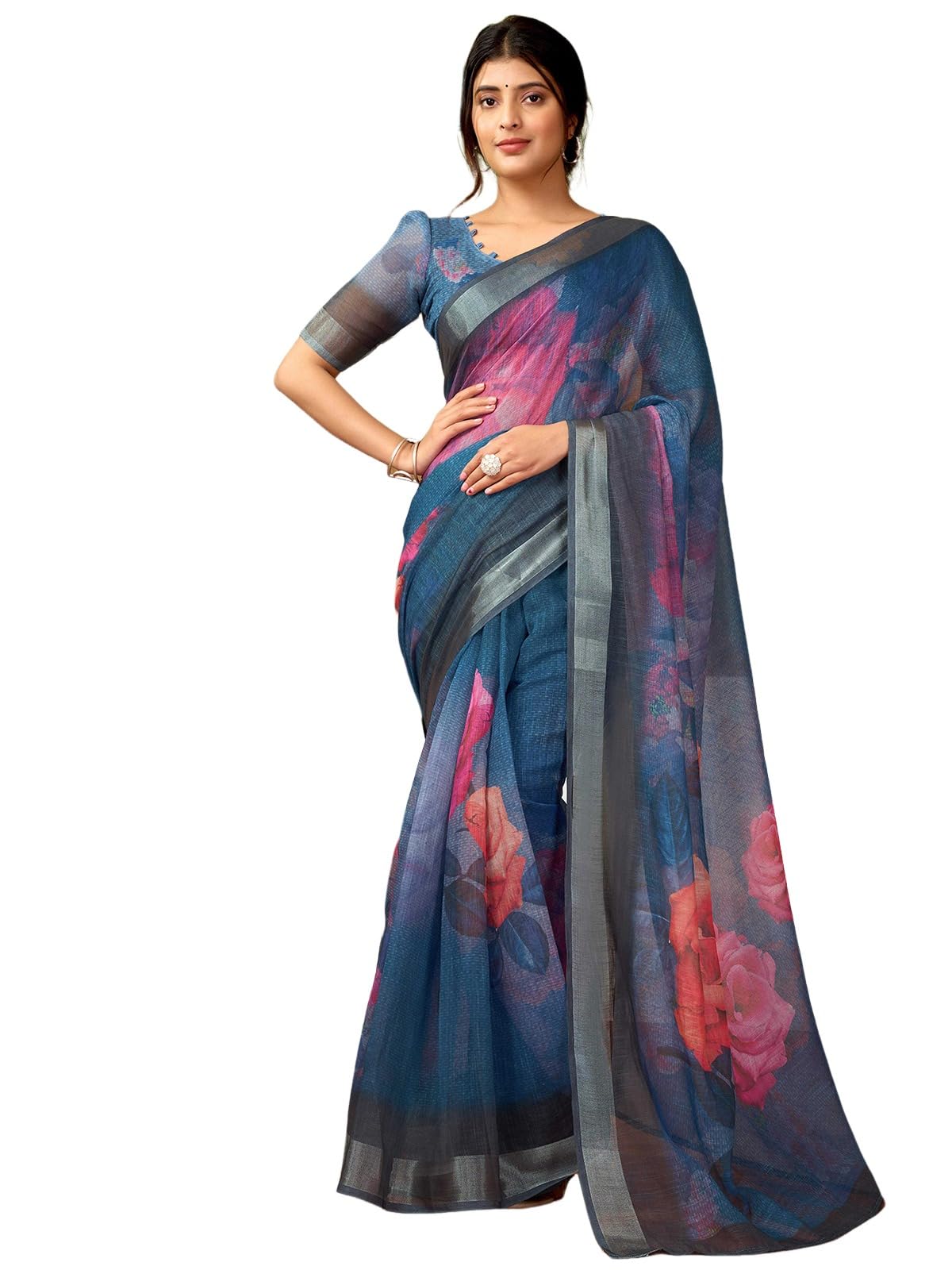 Satrani Women's Linen Printed & Zari Border Ready To Wear One Minute Pre Pleated Readymade Saree With Unstitched Blouse Piece (35Rs335N_Dark Blue & Multi)