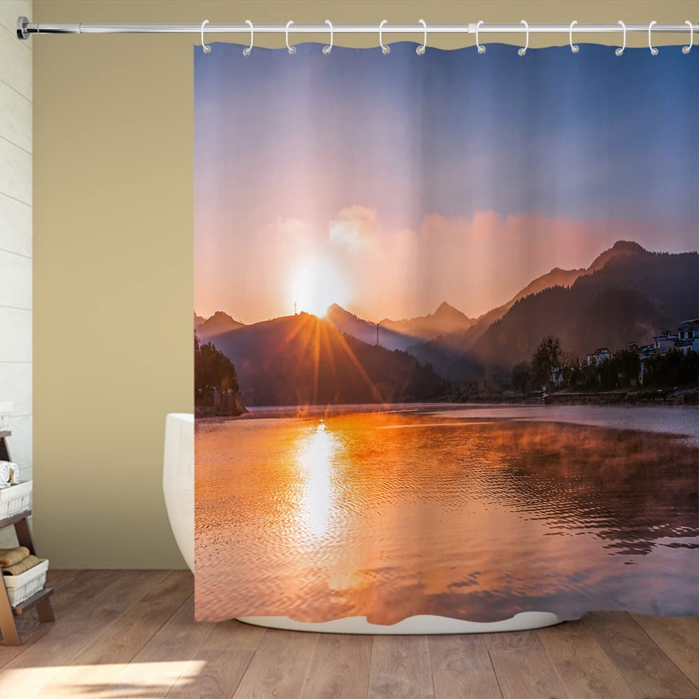 YuyouquNatural Mountain Lake Lanscape Shower Curtain Sunset Rustic Theme Fabric Shower Curtain Bathroom Decor Sets with Grommets and Hooks 72 x 72 Inch Black Yellow