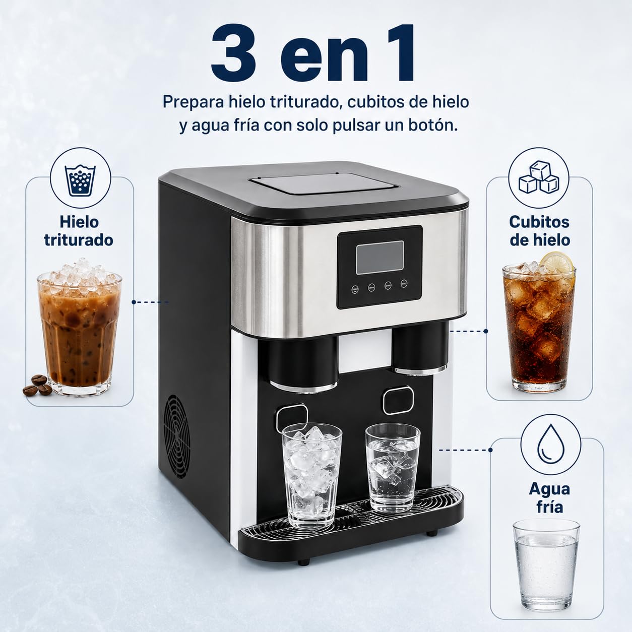 Macchina per cubetti di ghiaccio piccola 3 in 1, macchina per cubetti di ghiaccio con ghiaccio tritato, ghiaccio bullet e acqua fredda, autopulente, per casa, ufficio, gastronomia