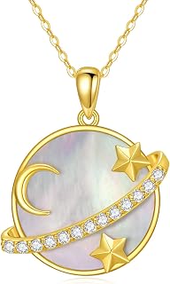 14K Gold Moon and Star Necklace for Women Solid Yellow Gold Wave Necklace Mother of Pearl Jewelry Birthday/Mothers Day Gifts for Wife Mom Friend Mom Her 16+1+1 inch