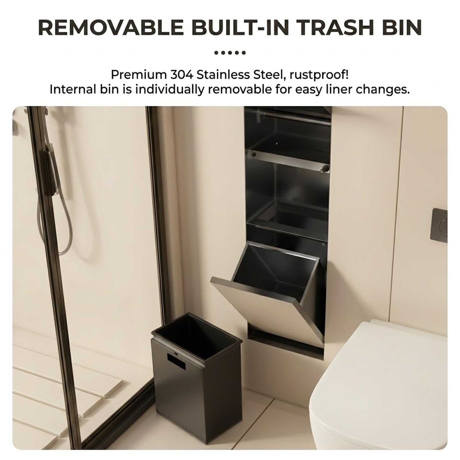 4-in-1 Unterputz-Toilettenpapierhalter mit Mülleimer und Klobürste – Badezimmer Wandnische aus Edelstahl mit Ablage, Integrierter Verdeckter Klorollenhalter(64x24x14cm/25.2x9.4x5.5)