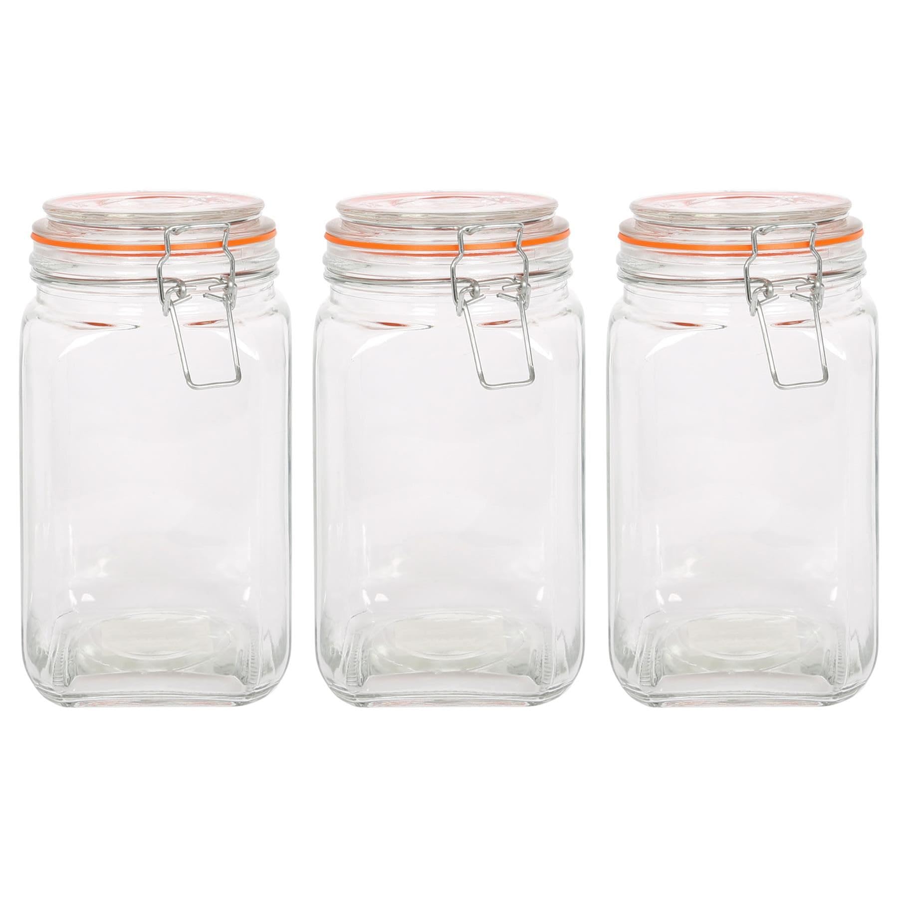 3x 1.25L Square Glass Jars with Clip-Top Lids Airtight Food Storage Canister