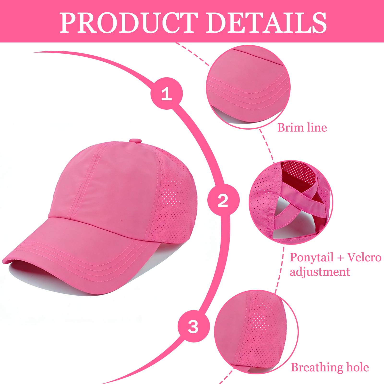 Gorra de Béisbol para Niñas, Sombrero de Cola de Caballo, Gorra De BéIsbol Ajustable, Ligero, De Secado RáPido, con Agujeros de Ventilación y Cierre de Velcro