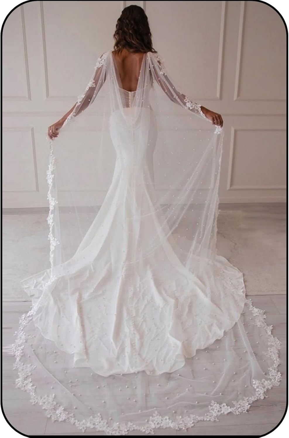 Lace Bridal Cape Pearl Wedding Capes Veil Cathedral Bridal Shawl,Long Tulle Shawl for Bride Woman Evening Wraps