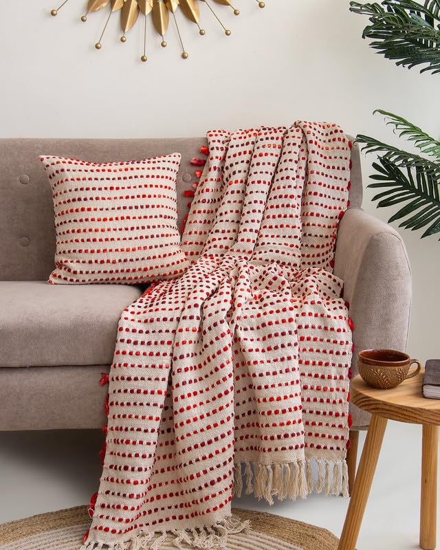 Image of Handwoven Ruby Stripe Sofa Throw (50x70 Inches) with 2 Pcs Cushion Cover(16x16 Inch) Soft Lightweight Thrower for Couch, Living Room & Bed (Pack of 3)