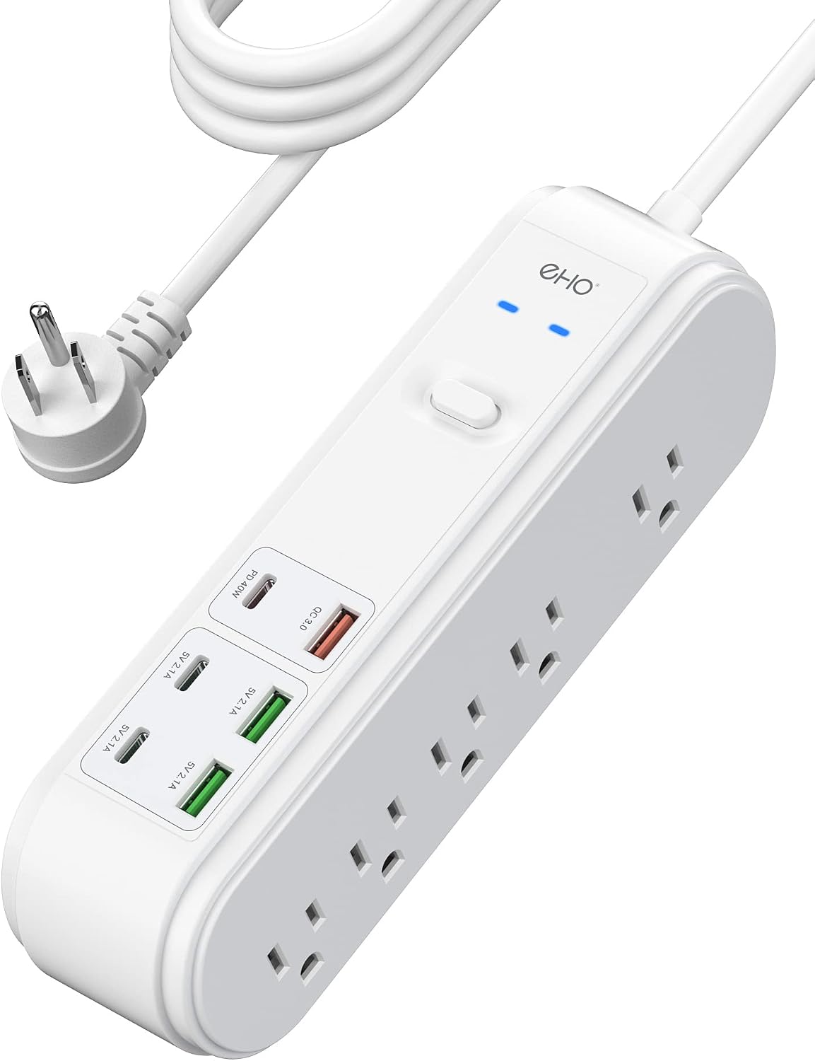 PD 40W USB C Power Strip Surge Protector, 10 Outlets and 6 USB Ports, Flat Plug Desktop USB C Super Fast Charging Station QC 18W Power Bar with 6ft Extension Cord for Home/Office, 1875W/15A, 4500J