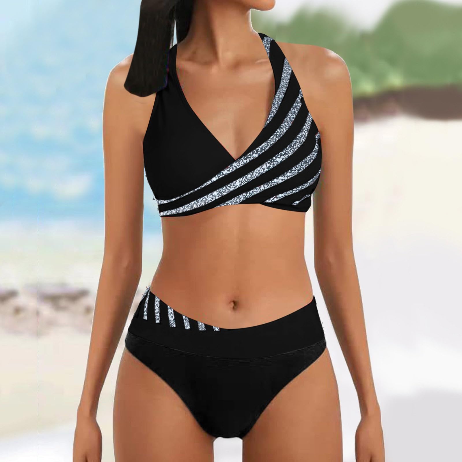 Conjuntos De Bikini for Mujer Conjunto Traje Baño Estampado con Parte Inferior, Negro, S