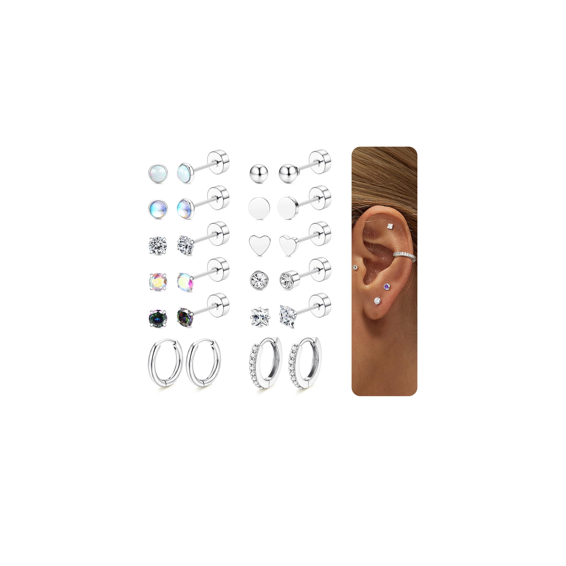 JeweBella 12 Pares Pendientes Mujer Plata/Or Hipoalergénicos Pendientes Acero Inoxidable Mujer Hombre Piercing Oreja Opal Moonstone Pendientes Aro Cartilago para Múltiples Piercings