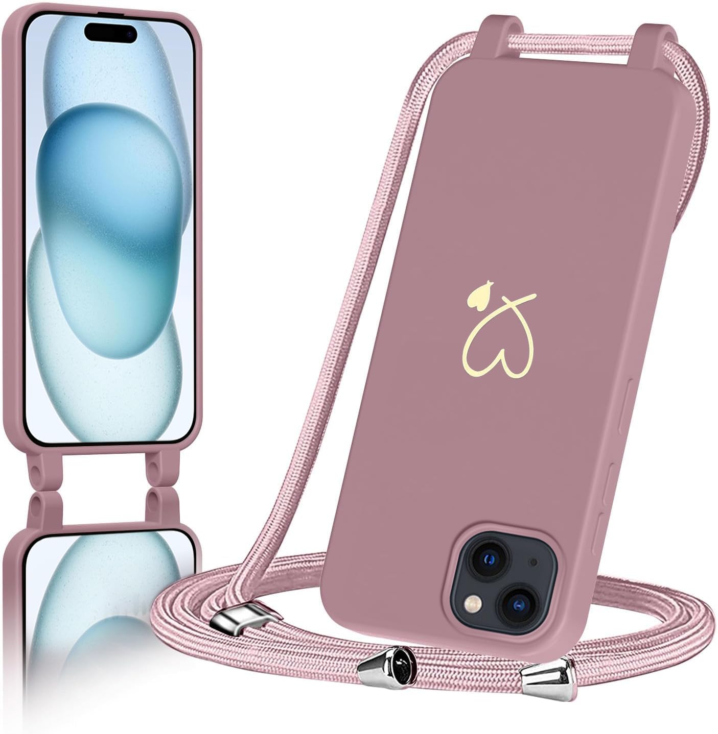 AoozeFon Handyband für iPhone 15 Hülle mit Band, Handyhülle Silikon mit Goldenem Herzmuster für iPhone 15, Abnehmbare Stoßdämpfend Handytasche mit Nylon-Lanyard, Rosa
