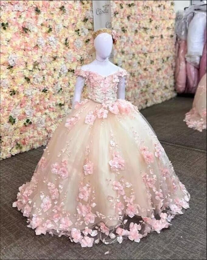 Floral 3D Flowers Pearls Lace Sweet 15 Dresses for Teens Off Shoulder Cinderella Pageant Dress Girls 20252