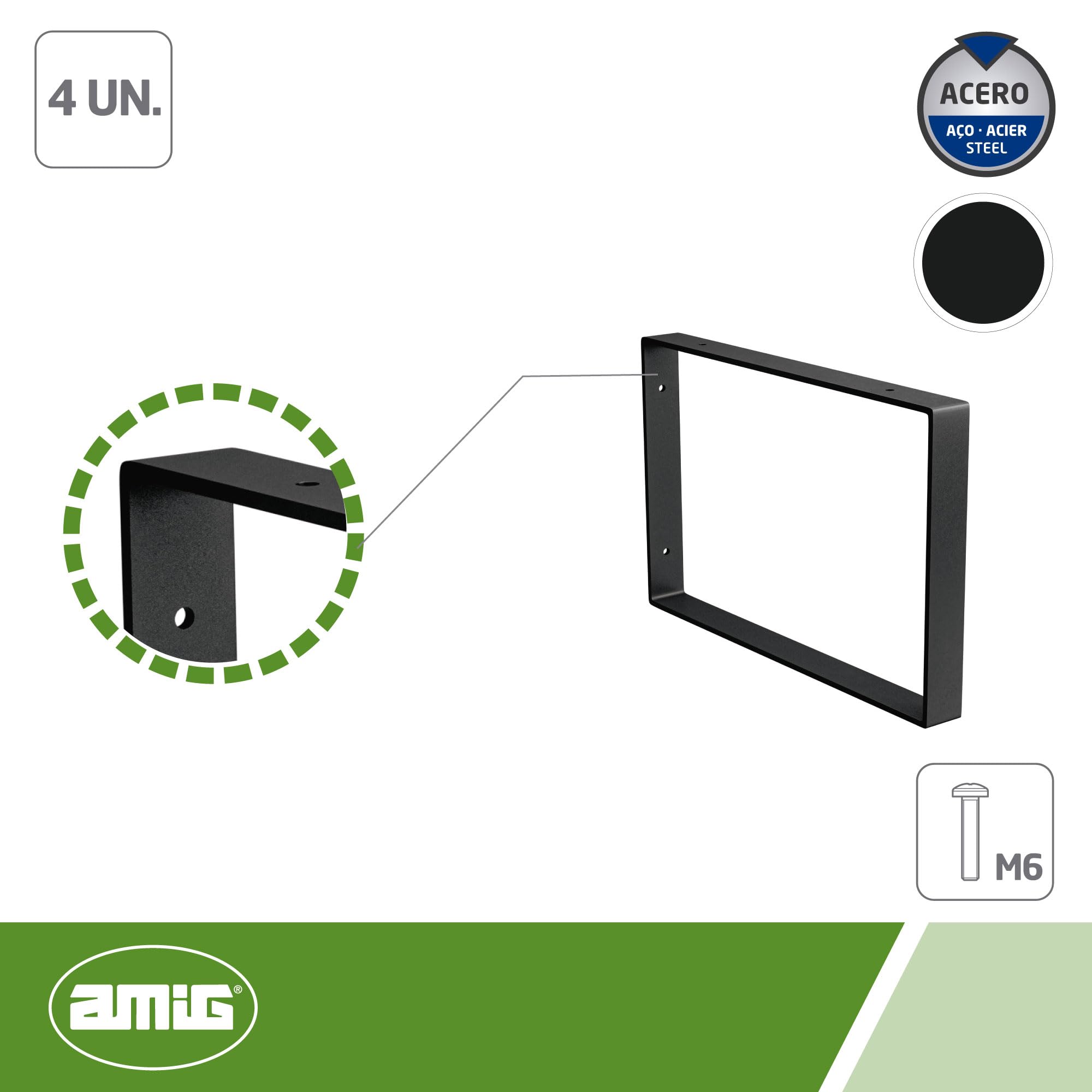 Amig - Zestaw 4 prostokątnych uchwytów do regałów przemysłowych - 211 x 311 x 30 mm - Czarna matowa stal - Stojak ścienny - Funkcjonalna i wytrzymała konstrukcja - Idealny do regałów ściennych