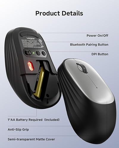 Miniatura 7 de Ratón inalámbrico Bluetooth para laptop, PC, MacBook, Chromebook, seguimiento óptico de 1600 DPI, mouse de diente azul, ratón compacto y portátil