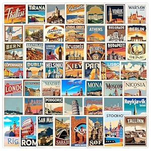 50 calcomanías de viaje a Europa, calcomanías del condado para maletas, diarios, portátiles, botellas de agua, calcomanías de equipaje de referencia de la ciudad para viajeros, estudiantes y