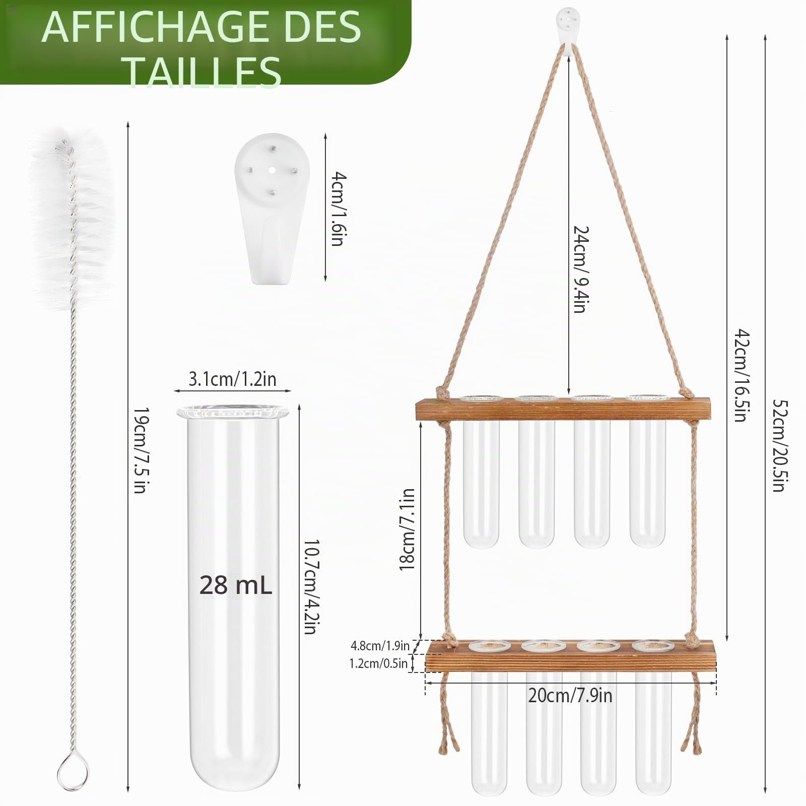 Vase Mural en Verre 2 Étage, 8PCS Vase Tube à Essai, Pot de Fleur avec Support en Bois, 42x20cm