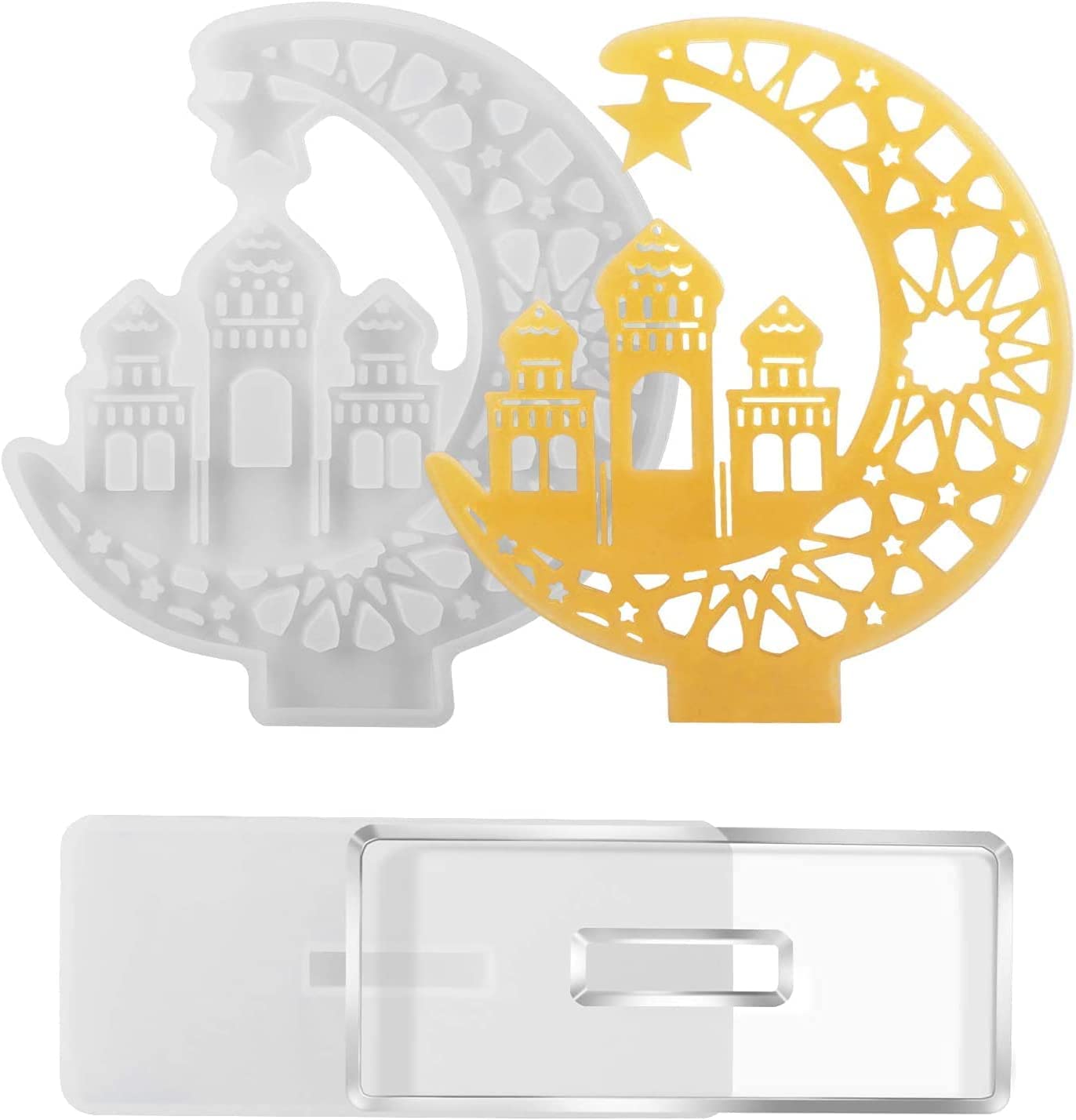 Goodern 2 Pcs Crescents Moon Resin Mold with Stand Eid Mubarak Silicone Mold Ramadan Castle Display Board Moulds Resin Molds Set Ramadan Gift for Eid Party Supplies DIY Crafts Home Decoration