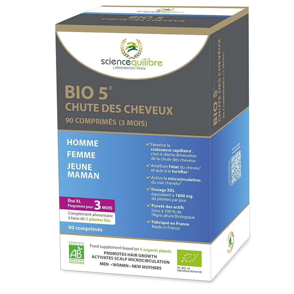 BIO 5 chute des cheveux • Certifié bio • Pour Homme et Femme • Stress, hérédité, ménopause, post-accouchement • Étui XL de 90 comprimés sous blisters (= 3 mois) - Fabriqué en France