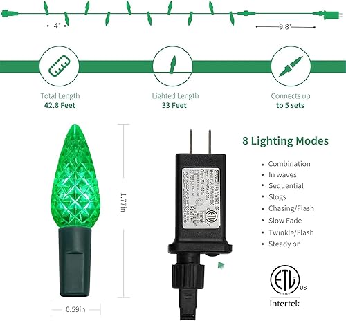 Miniatura 10 de WATERGLIDE Luces de Navidad C6, 33 pies, 100 luces LED facetadas, luces de hadas de alambre verde con adaptador seguro de 29 V, 8 modos de