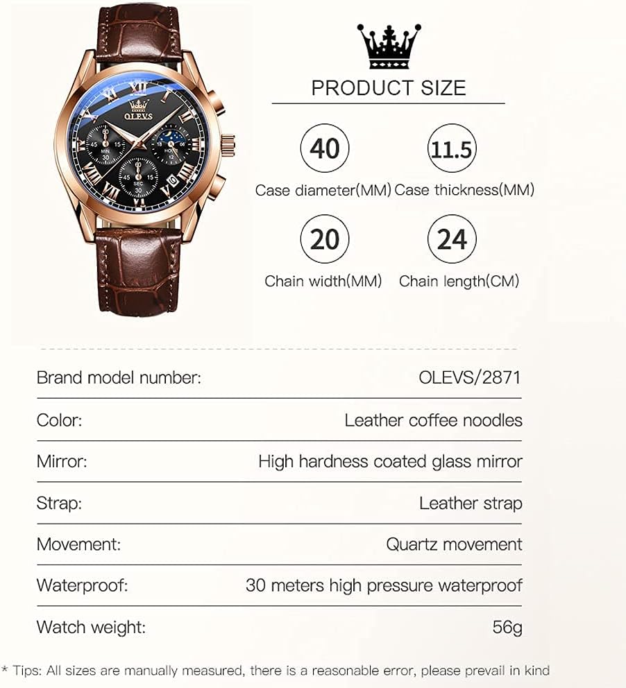 OLEVS watch product size and specifications table