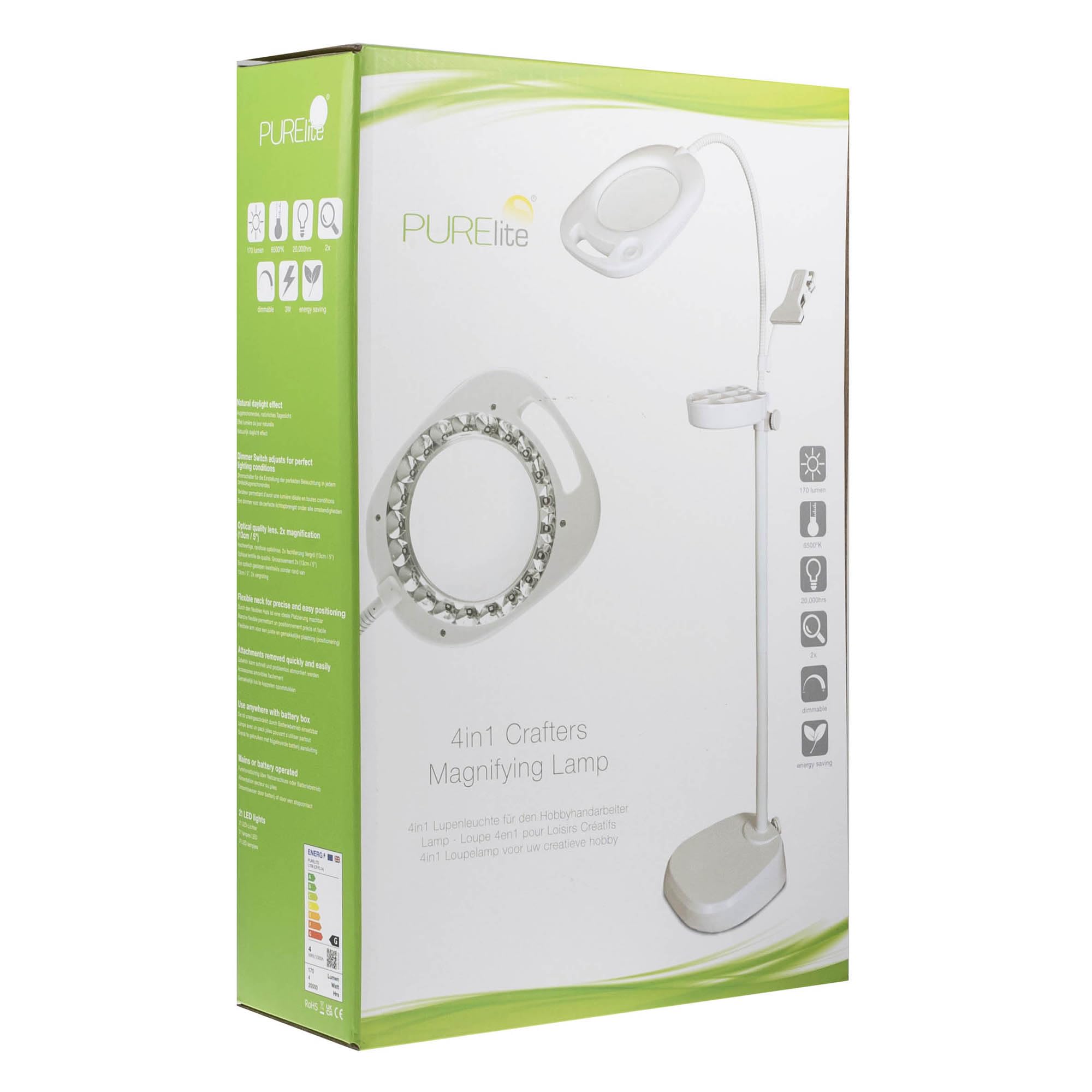 Purelite - Lámpara con lupa 4 en 1 (con estante, atril y ledes de intensidad regulable) Con enchufe alemán.