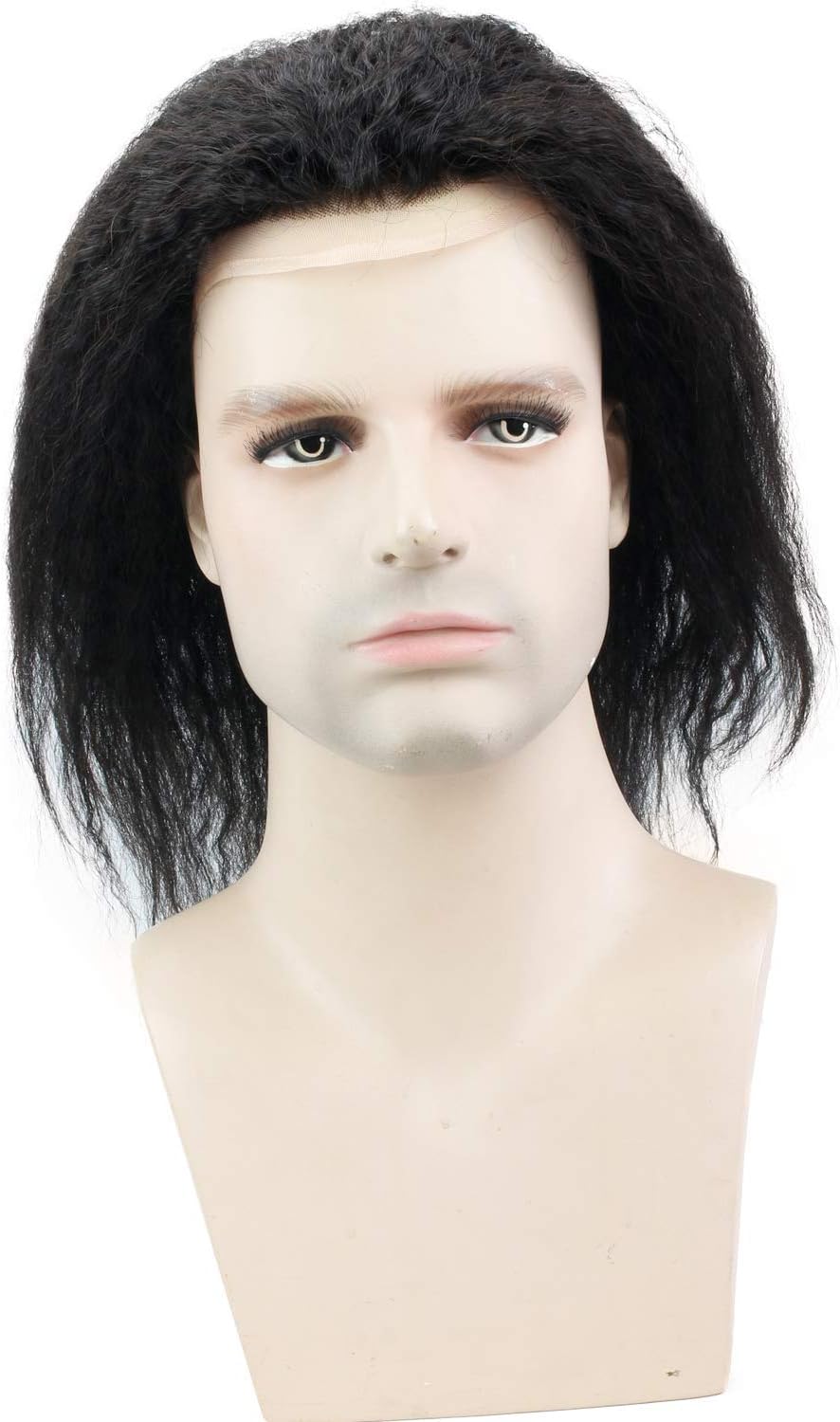 12" Long Kinky Straight Human Hair Replacement for Men Stock Toupee Mono Lace and PU Around with Swiss Lace Front 10"x8" Base Size Natural Black Bolor