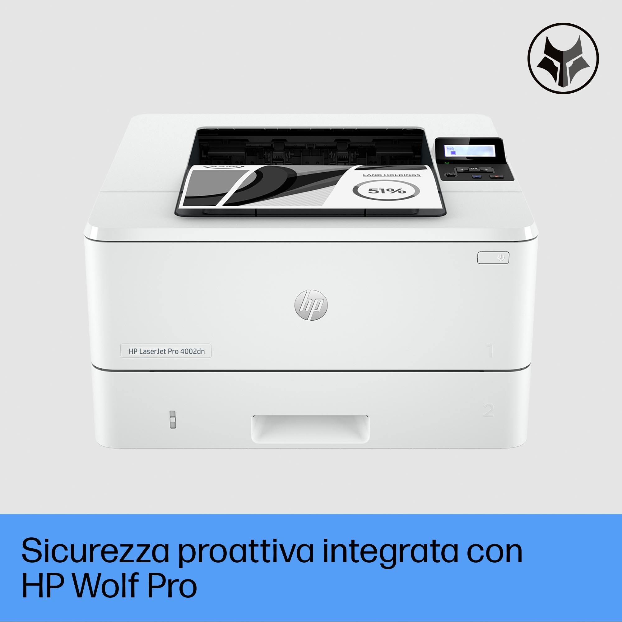 HP LaserJet Pro 4002dne 2Z605E, Stampante a Singola Funzione A4, Stampa Fronte e Retro Automatico in b/n, 42 ppm, USB, USB Host, Gigabit Ethernet, Smart, Bianca