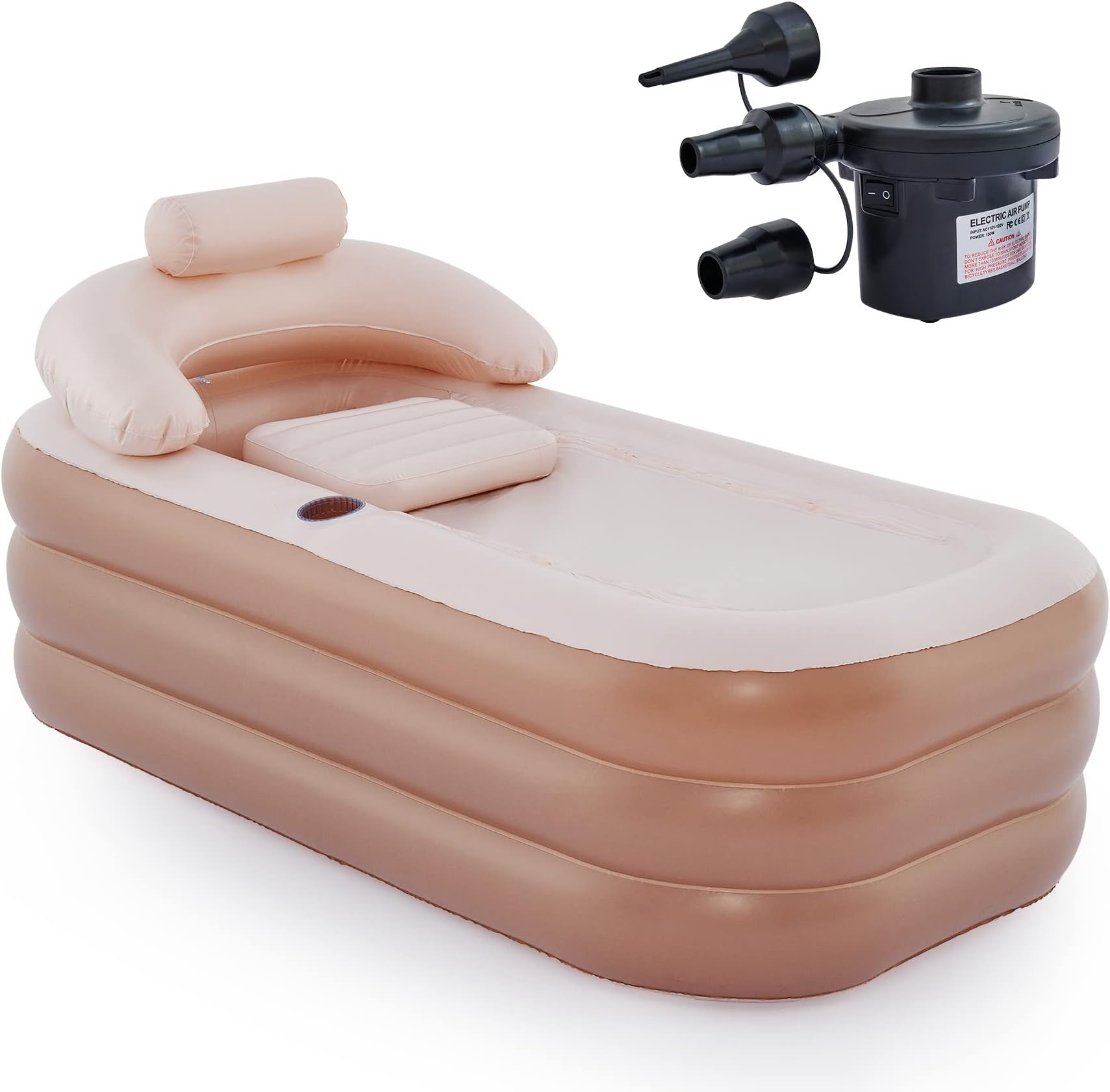 CO-Z Inflatable Bathtub with Electric Air Pump and Bath Pillow Headrest, Portable Blow Up Bath Tub for Adults, Outdoor & Indoor Freestanding Foldable Spa Tub with Cover Drainage Cup Holder,Brown