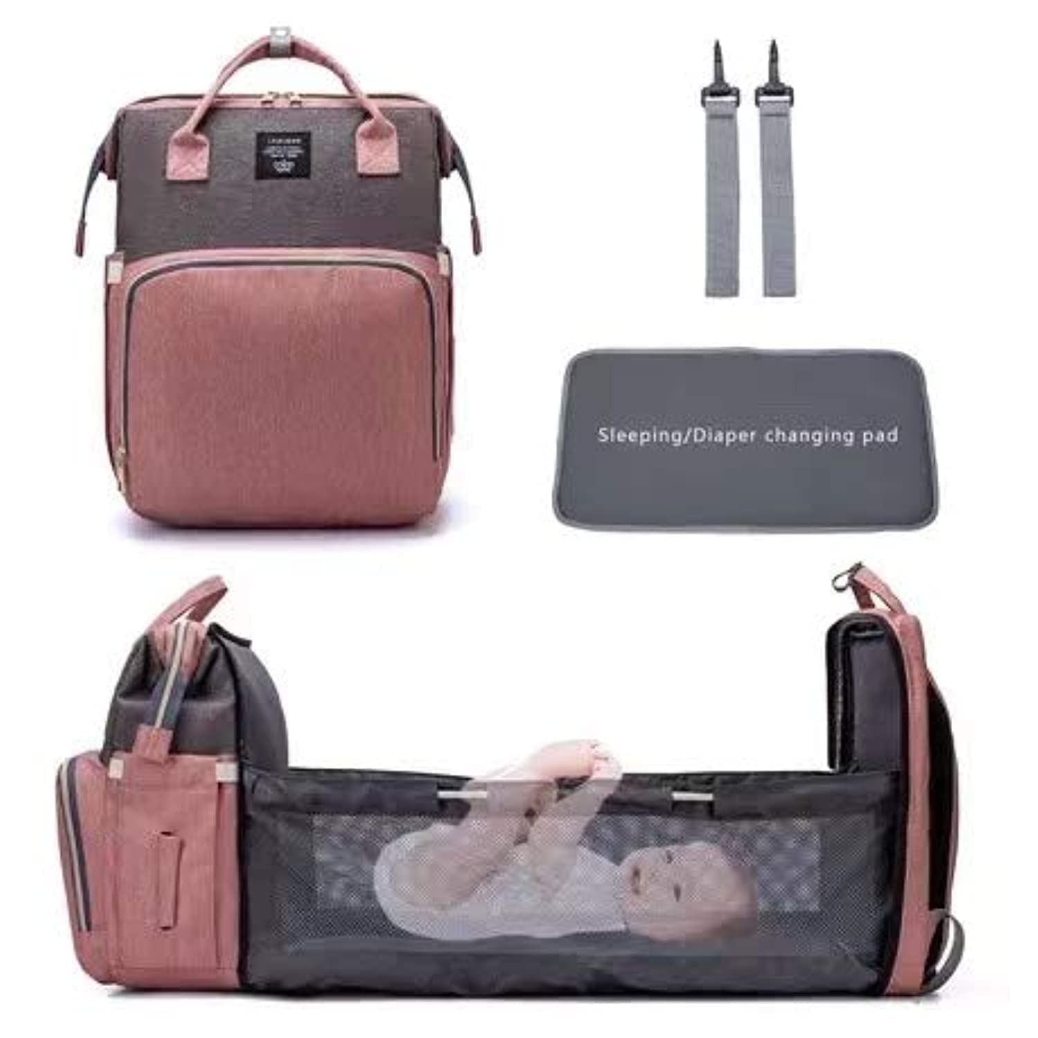 LIMOS Multifunctional Mummy Bag,Bassinet Bag Functions as Diaper Bag and Changing Station, Foldable Nappy Backpacks Baby Bed with Hook & Changing Pad (Pink) By LIMOS