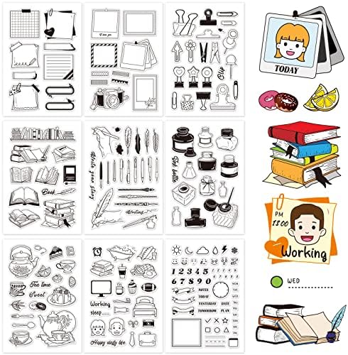 GLOBLELAND 9Pcs Daily Life Pattern Acrylic Stamps Stationery Afternoon Tea Pattern Silicone Clear Stamps for Scrapbooking Photo Card Album Decoration, 160 x 110 mm