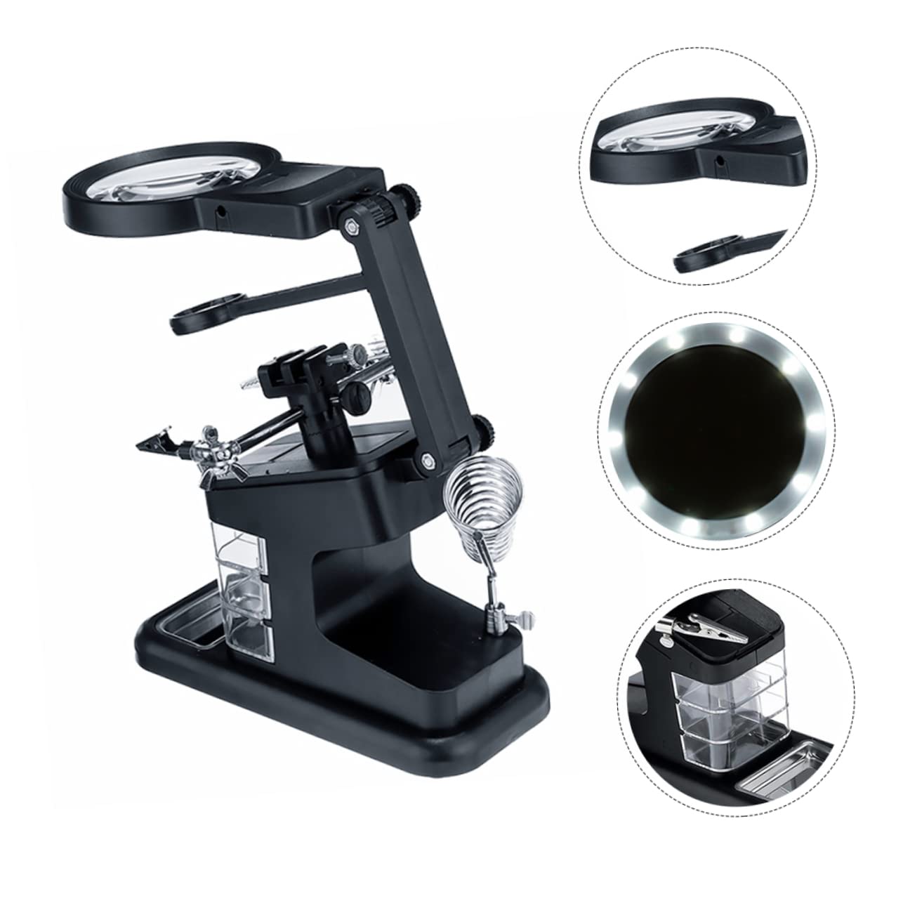 Soporte para Soldar Luz LED y Lupa de Sobremesa Pinzas | Brazos Flexibles, Cuello Giratorio 360°, Base Estable Soporte para Herramientas y Bandeja de Almacenamiento Estilo Aleatorio