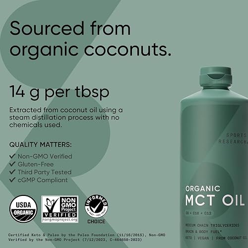 Miniatura 6 de Sports Research Péptidos de colágeno hidrolizados tipo 1 y 3 suplemento de proteína de colágeno en polvo, aceite Keto MCT de cocos orgánicos, triple