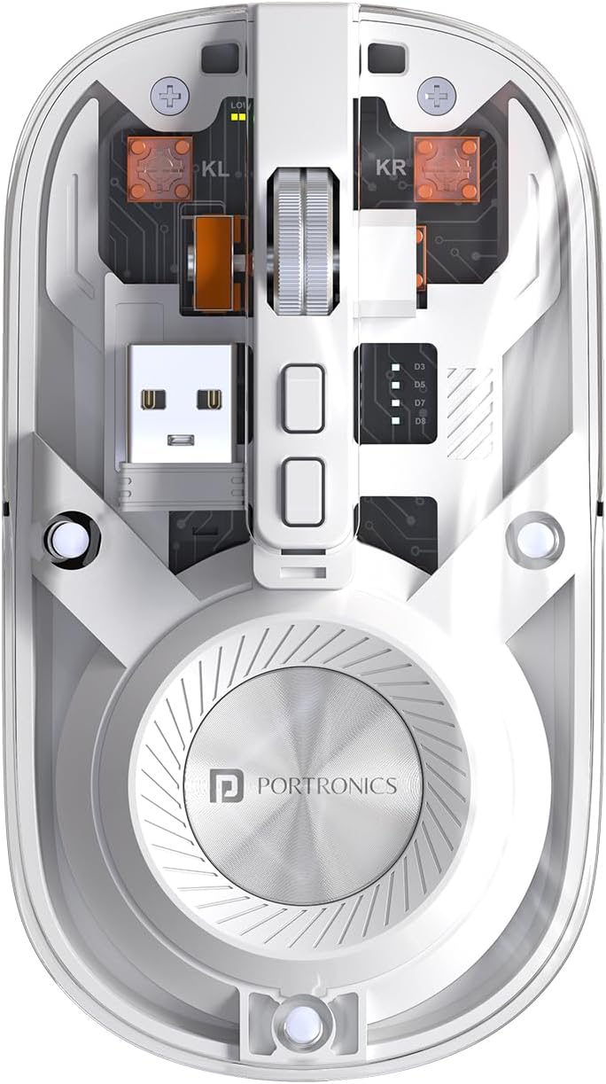 Portronics Toad 8 Wireless Bluetooth Mouse Transparent with Dual Wireless (BT+2.4GHz), Rechargeable Battery, Noiseless Click, Show/Hide Desktop, Multi-Device Pair, Adjust the