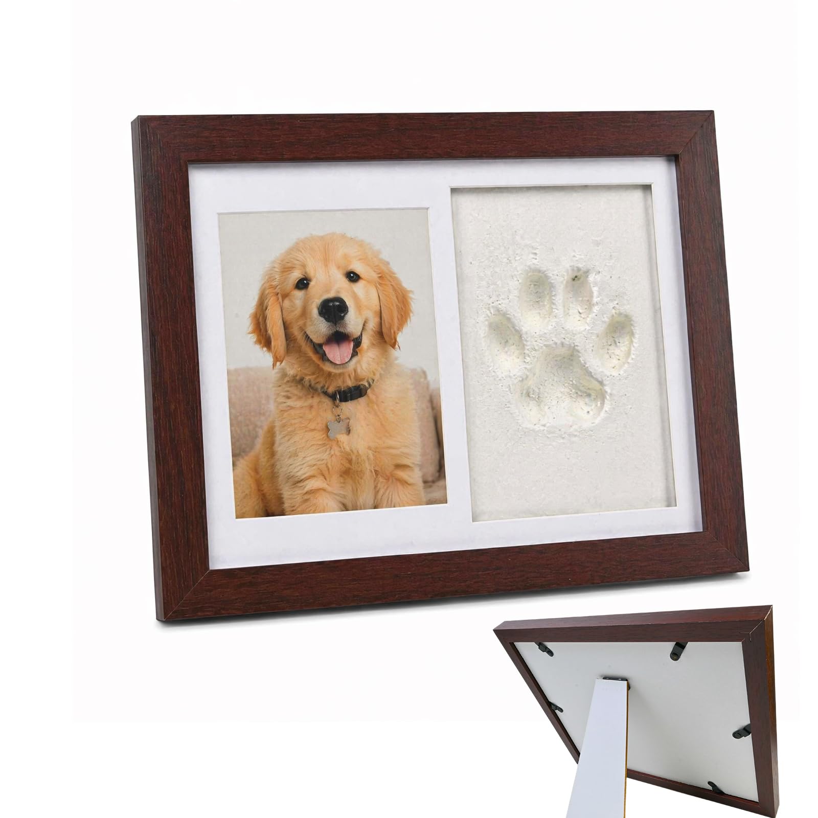KemayPet Paw Print Kit and Memorial Photo Frame - Dog and Cat Pawprint Keepsake with Air-Drying Clay and Ink Pad - Solid Wood Shadow Box for 4x6 Photo - Thoughtful Pet Loss Gift