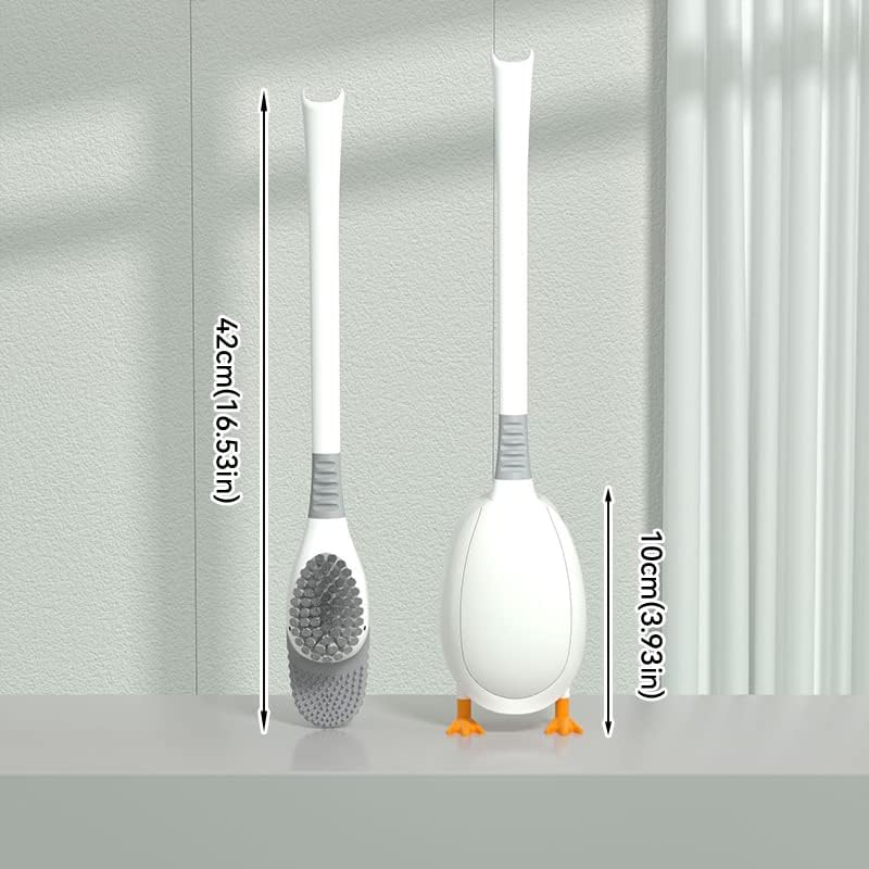 JIYISHIHOU 2 in 1Silicone Toilet Brush, Toilet Brush with Holder, Deep Cleaner Toilet Brush, and Holder Set with Drawable Base, with No-Slip Long Plastic Handle and Soft Flexible Bristles(white duck)