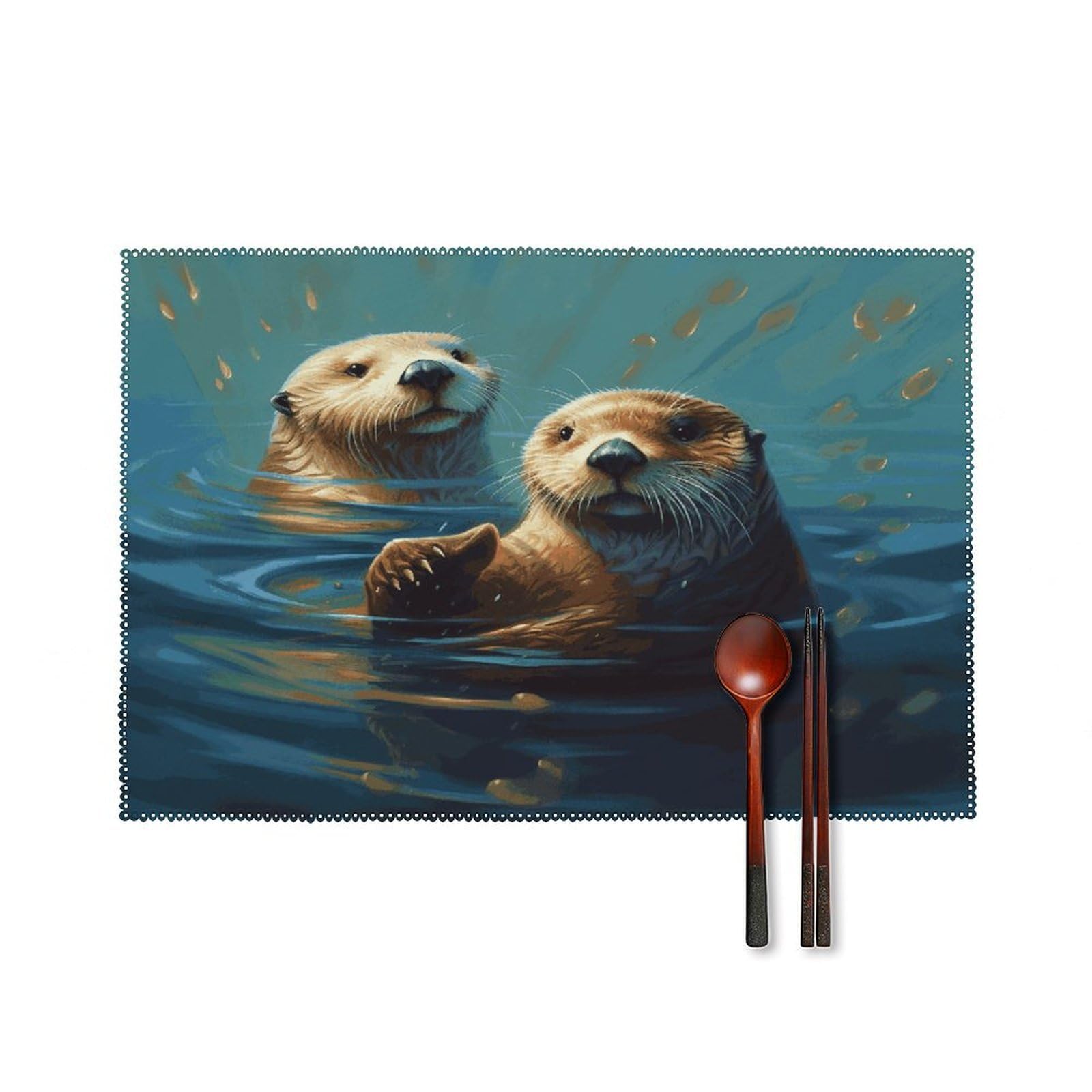 Sea Otters Painting Placemats Set of 4 Canvas Place Mats Non-Slip Heat Resistant Table Mats Washable Waterproof Placemat Wipeable Tablemats for Kitchen Dining Decor Place Mat