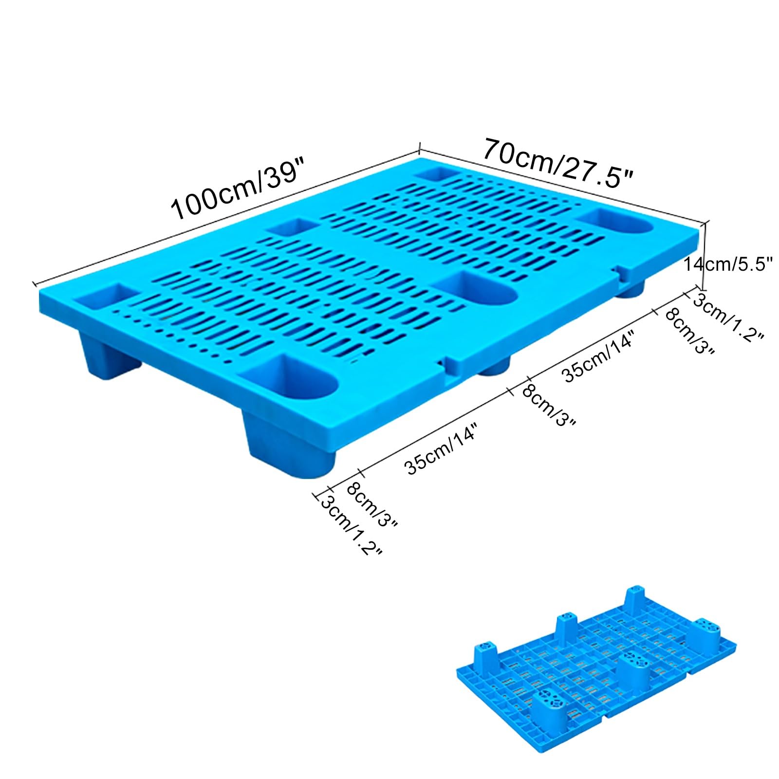 Palette emboîtable en plastique polyéthylène résistant à l'humidité pour restaurants et entrepôts Bleu 100 x 70 x 14 cm (39 x 27,5 x 5,5) – Solution de rangement