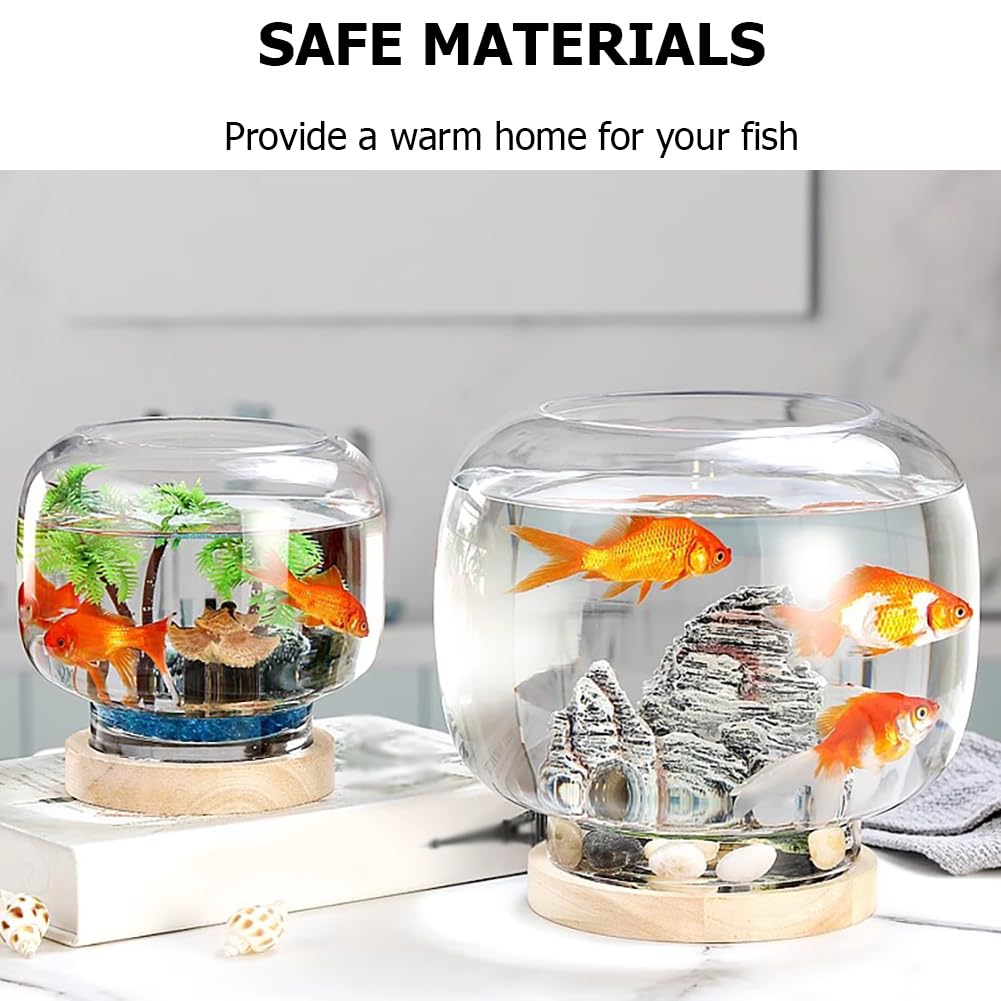 Acquario per Pesci Betta con Luce A LED, Base in Legno, Acquario con Decorazioni Interne, Vista A 360° per Piccoli Pesci, Boccia per Pesci Rotonda in Vetro,A