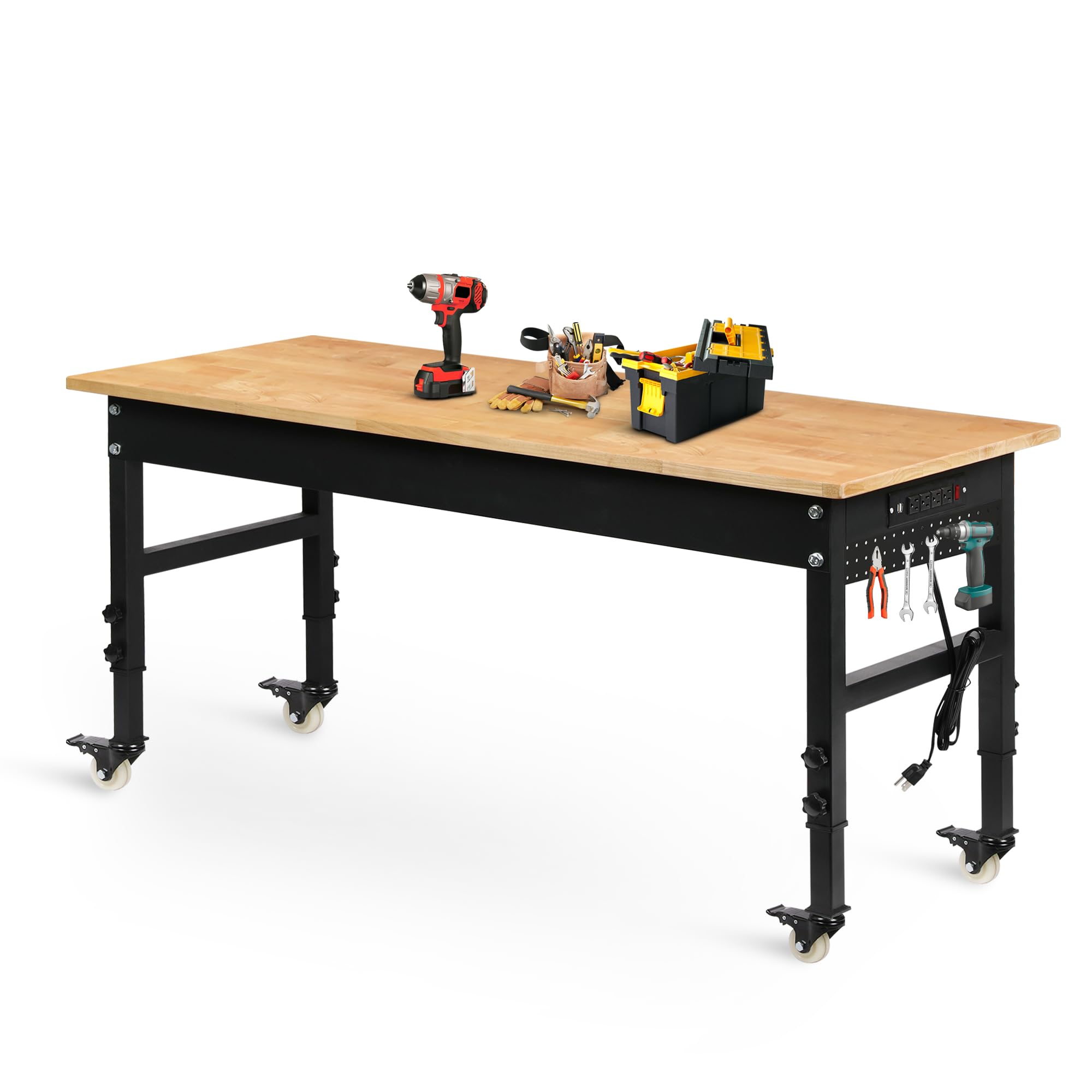 Betterhood 60" Adjustable Workbench on Wheels, Rubber Wood Heavy Duty Workstation with Power Outlets & Pegboard, 2000LBS Load Capacity Hardwood Worktable for Workshop, Garage, Office, Home, Commercial