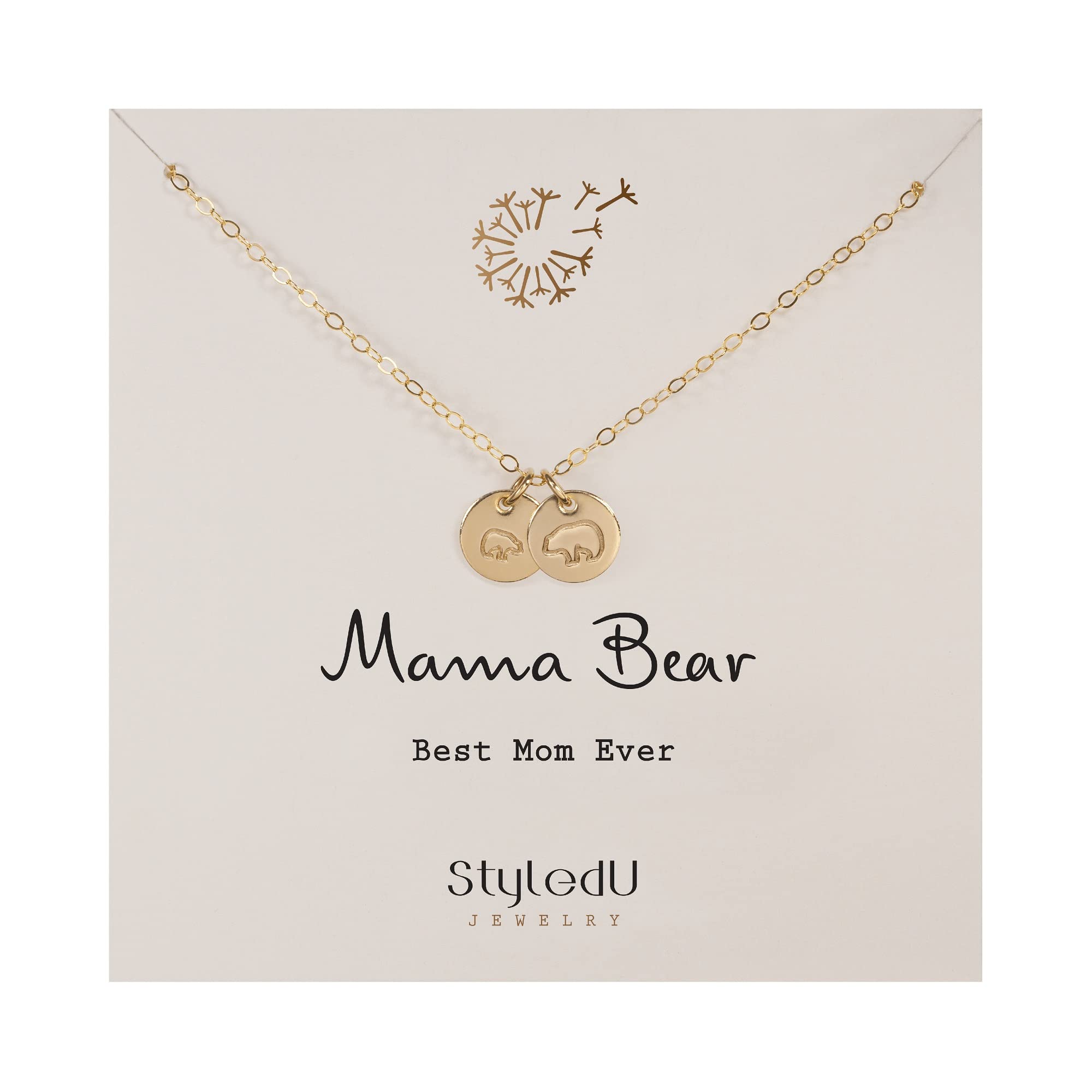 StyledU 14K Gold Filled Mama Bear and Baby Bear Necklace - Dainty Family Pendant Jewelry for Mothers, New Moms, and Baby Showers, Gift for Women