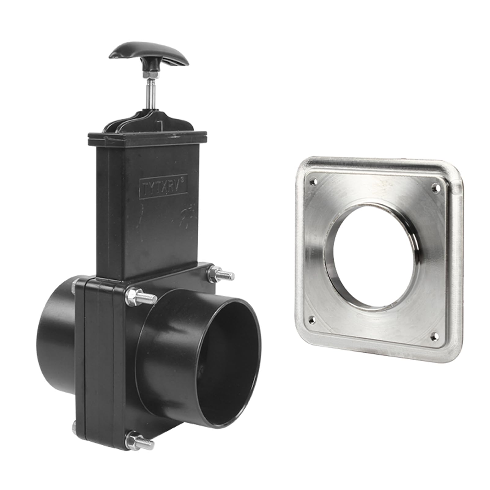 SyLabY Black Dump Waste Sewer 75mm (2.95”) RV Manual Control Plastic Gate Valve Water Gate Valve Durable Flow Body with Metal Handle Flange for Caravan Trailer Motorhome