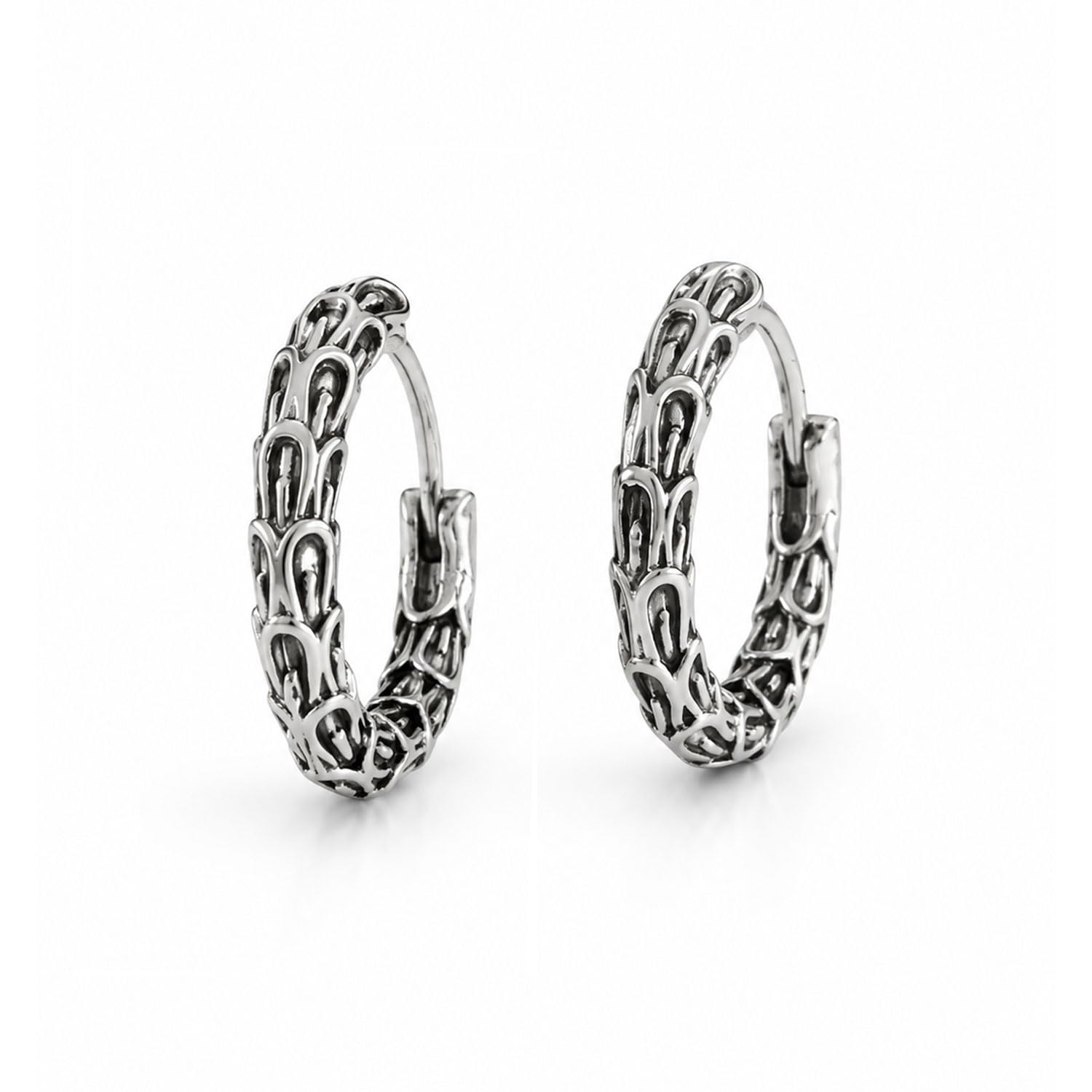 vama FASHIONS Silver Plated Oxidized Stainless Steel Anti Tarnish Black Textured Huggie Hoop Earrings Metal Loop Antique Kaju Bali Hoops Hypoallergenic Tribal Earring For Mens-picture-2