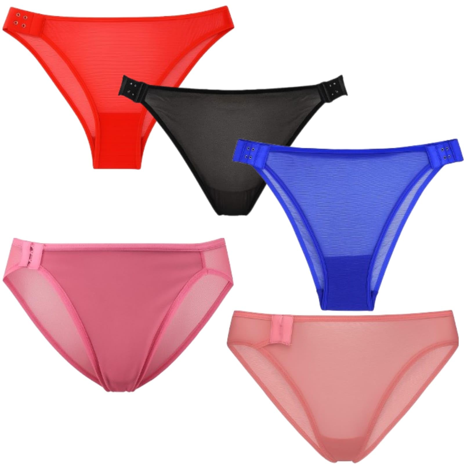 Women's Mesh Bikini Panties Set with Hook Design, Mid-Waist, Pack of 5, Multi-Colour - Red, Black, Blue, Pink, Beige-picture-28