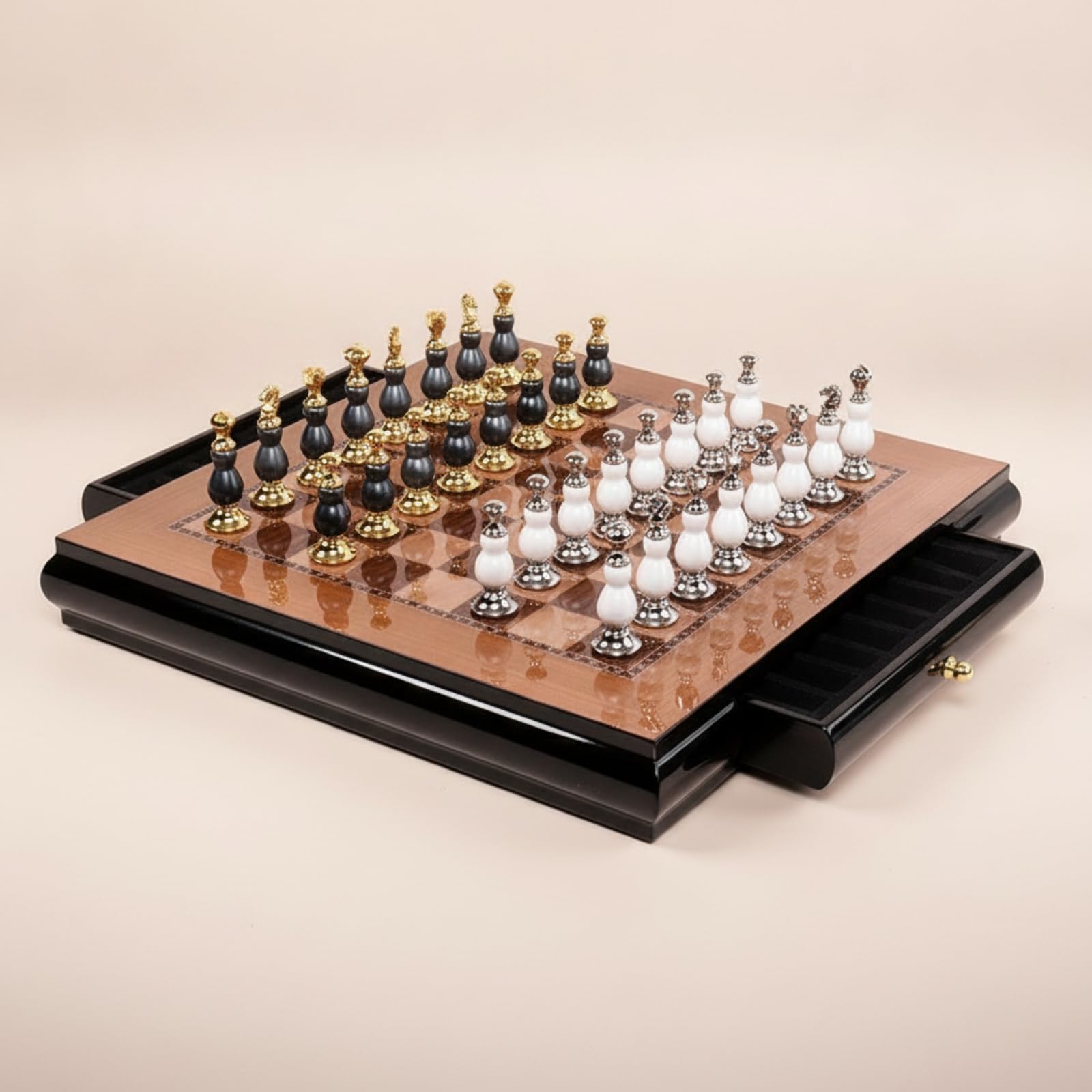 Ajedrez Tablero Juego con Tablero de Madera Juego de Piezas Cajones Superficie Reluciente y Estilo Sofisticado Adecuado para Amigos Hogar Oficina, 40 40 6CM, Borde Recto 7kg