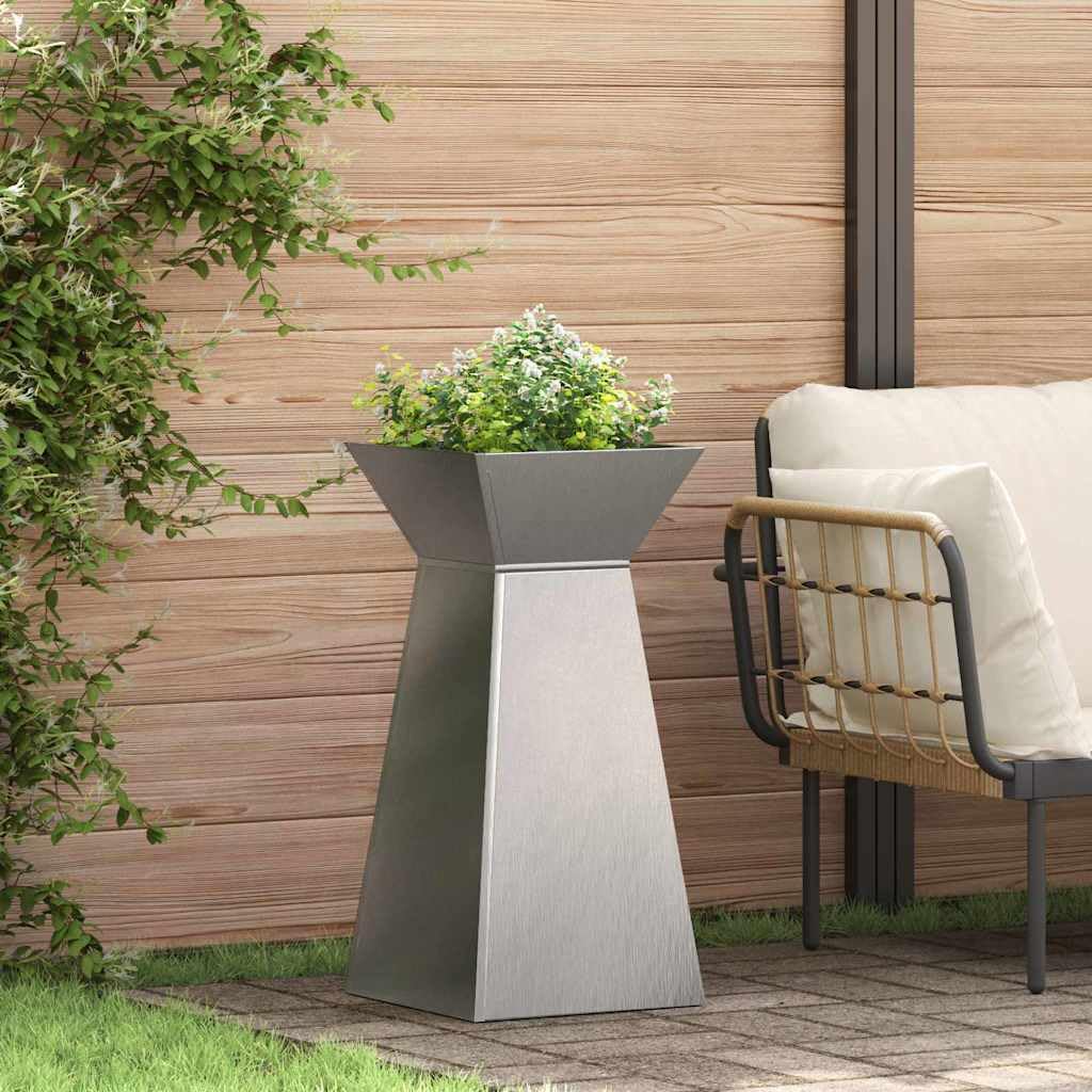 Srebrny wazon na słupek 35 x 35 x 73 cm ze stali nierdzewnej, wysoka doniczka na taras, nowoczesna donica na rośliny ogrodowe o eleganckim i solidnym wzornictwie