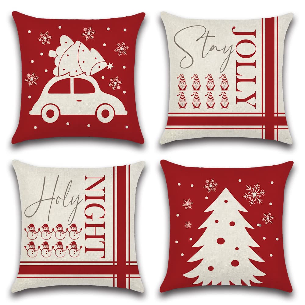 Artscope Navidad Fundas Cojines, Fundas de Cojines de Navideños Modernas Juego de 4 Funda de Almohada Festival Decorativa para Sofá Coche Cama (50x50cm, Rojo)